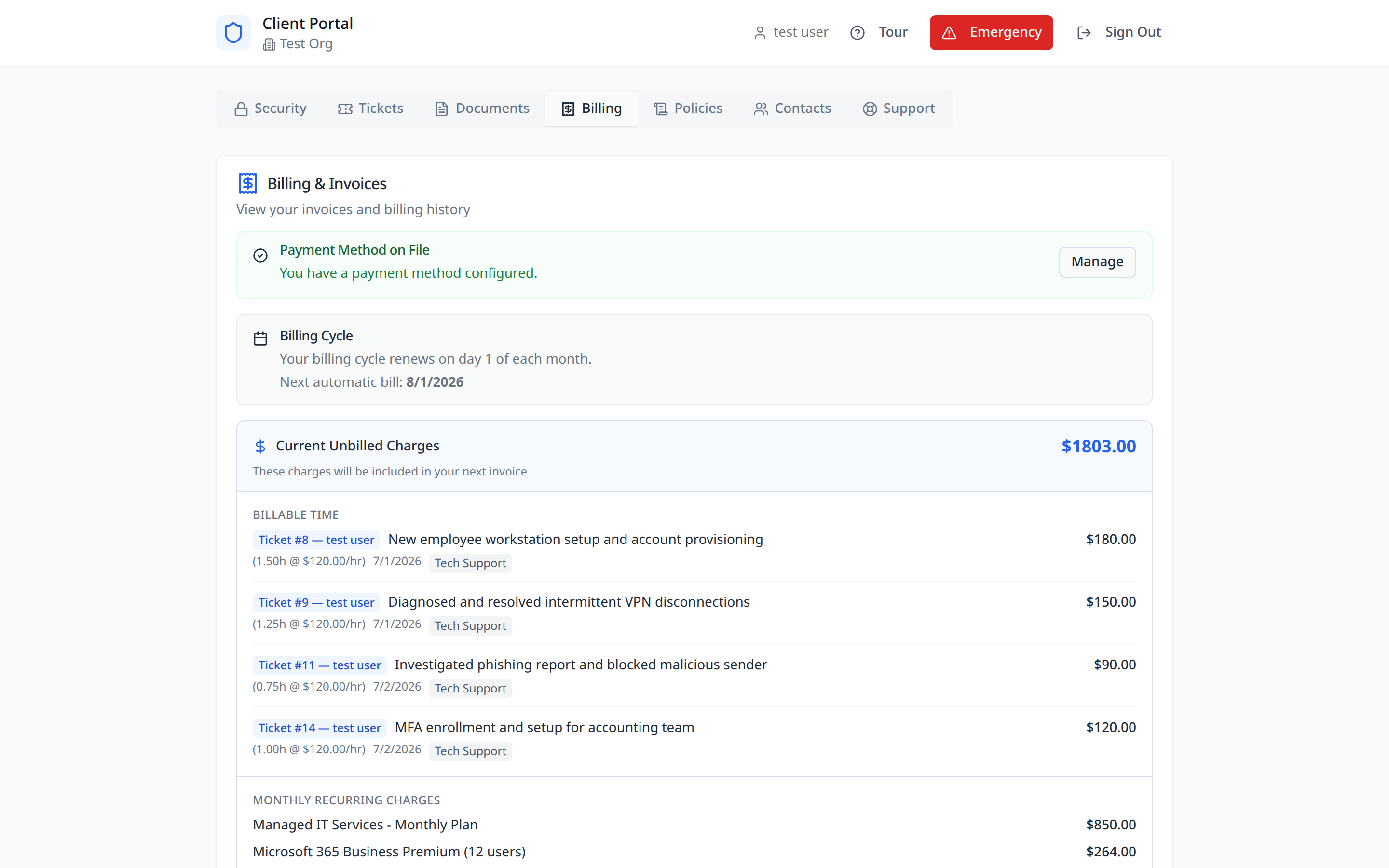 Client portal billing page with live unbilled charges and billing history