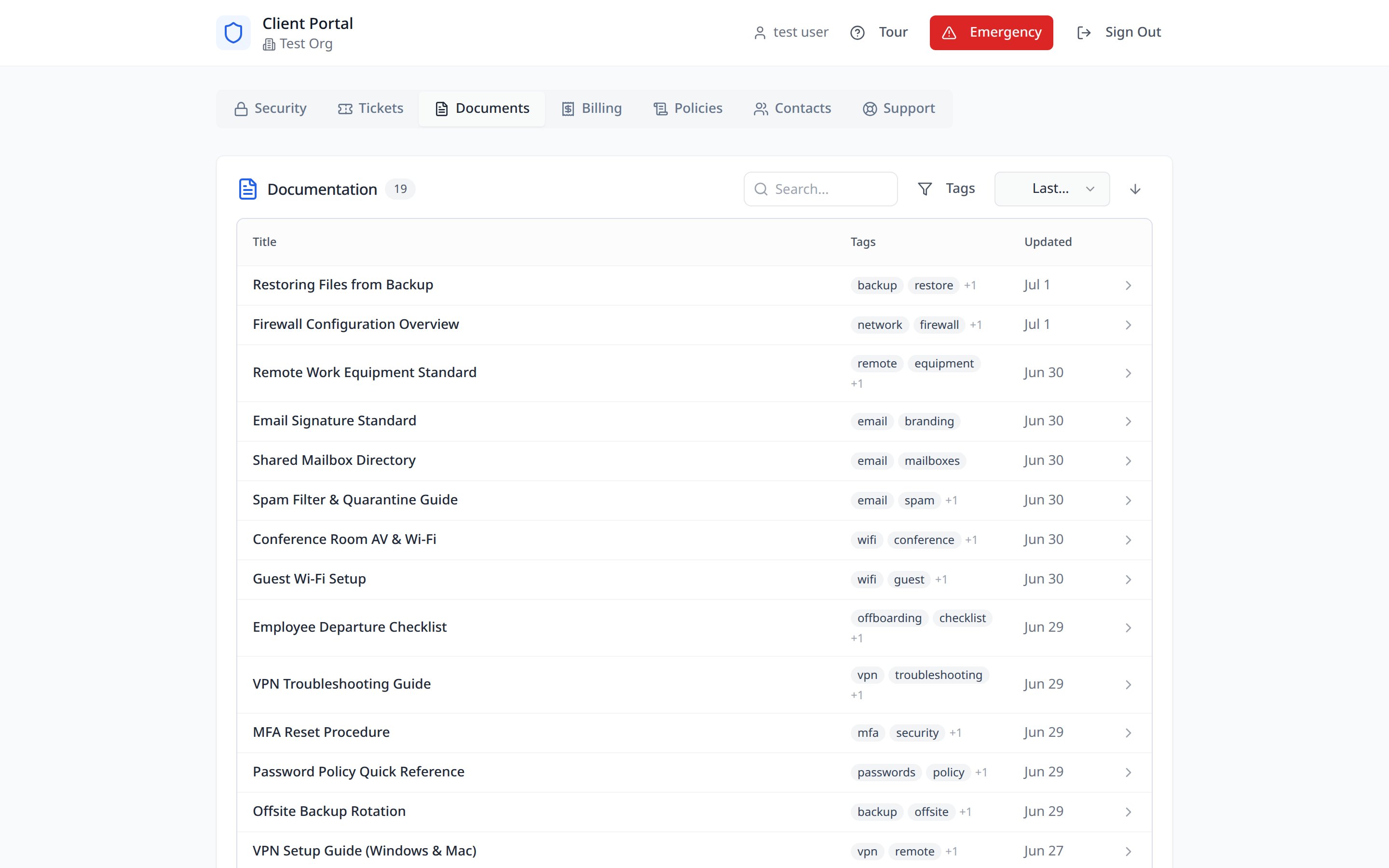 Client portal documentation library with searchable, tagged guides