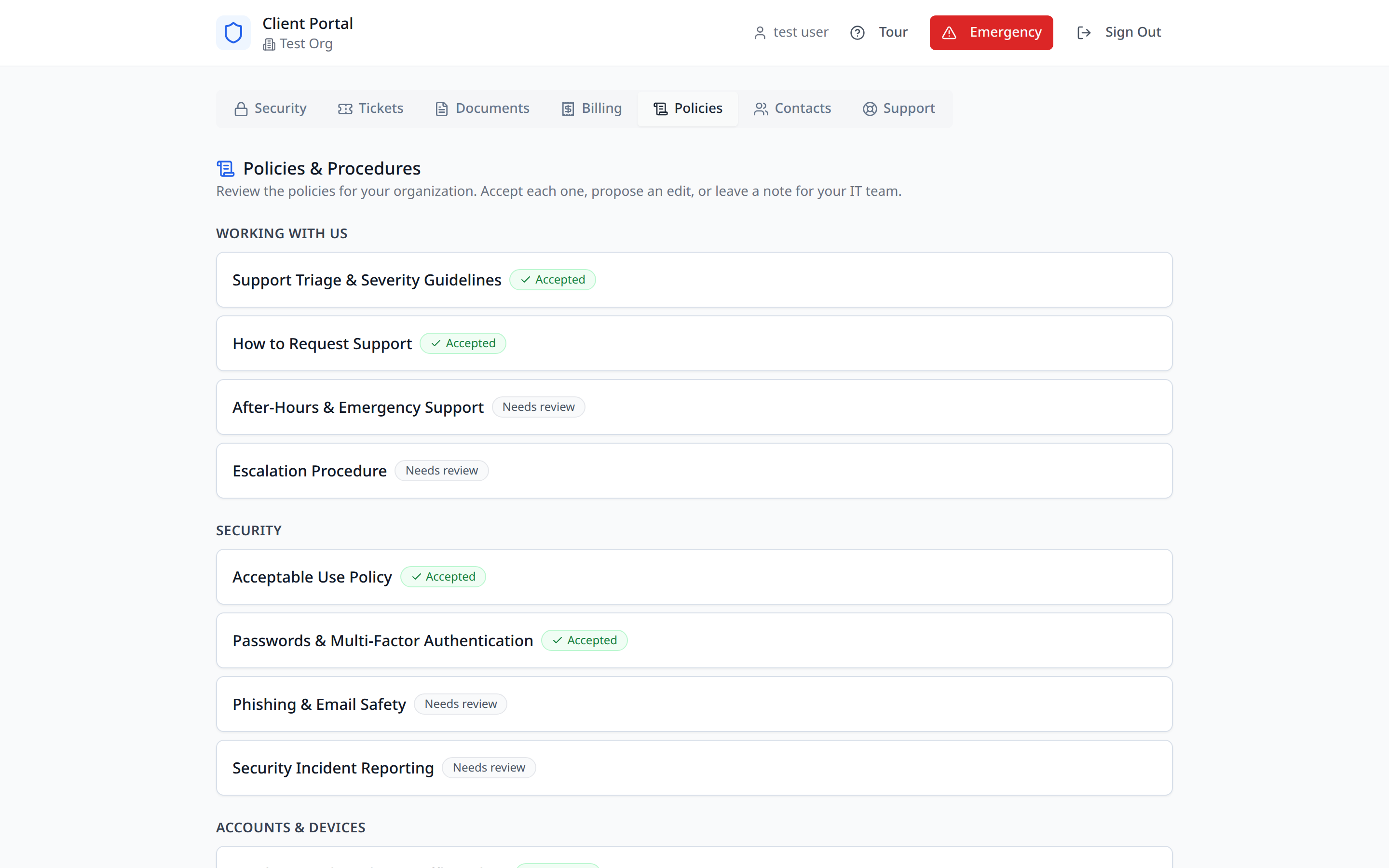 Client portal policies and procedures page with acceptance status for each policy