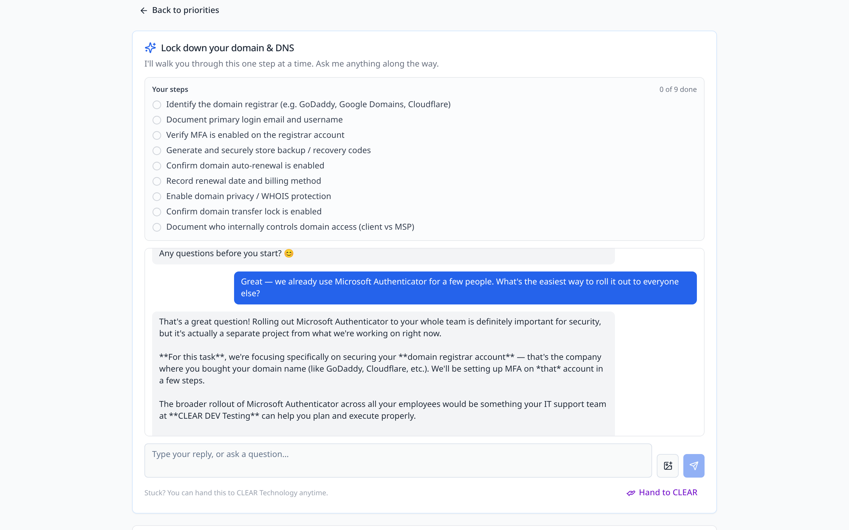AI Security Advisor guiding a domain and DNS lockdown step by step with a chat conversation