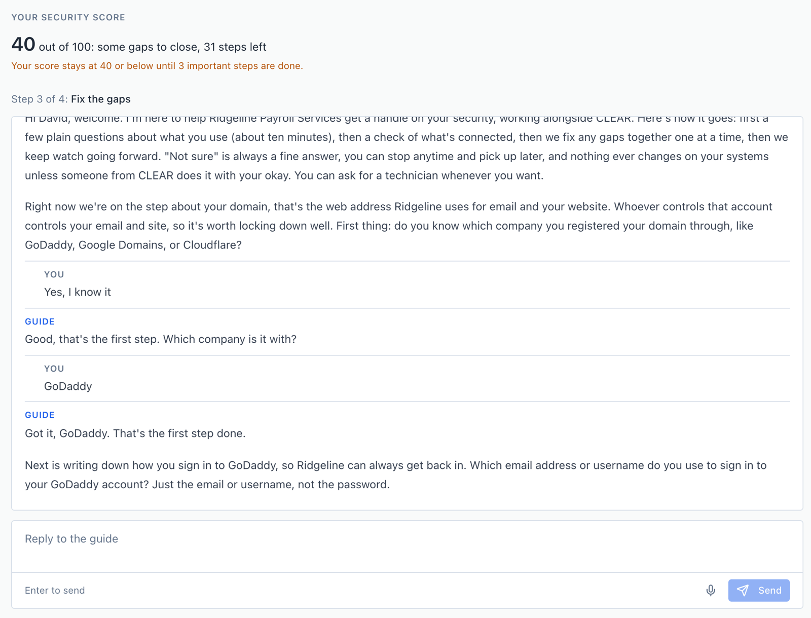 The security guide asking a client a plain-language question