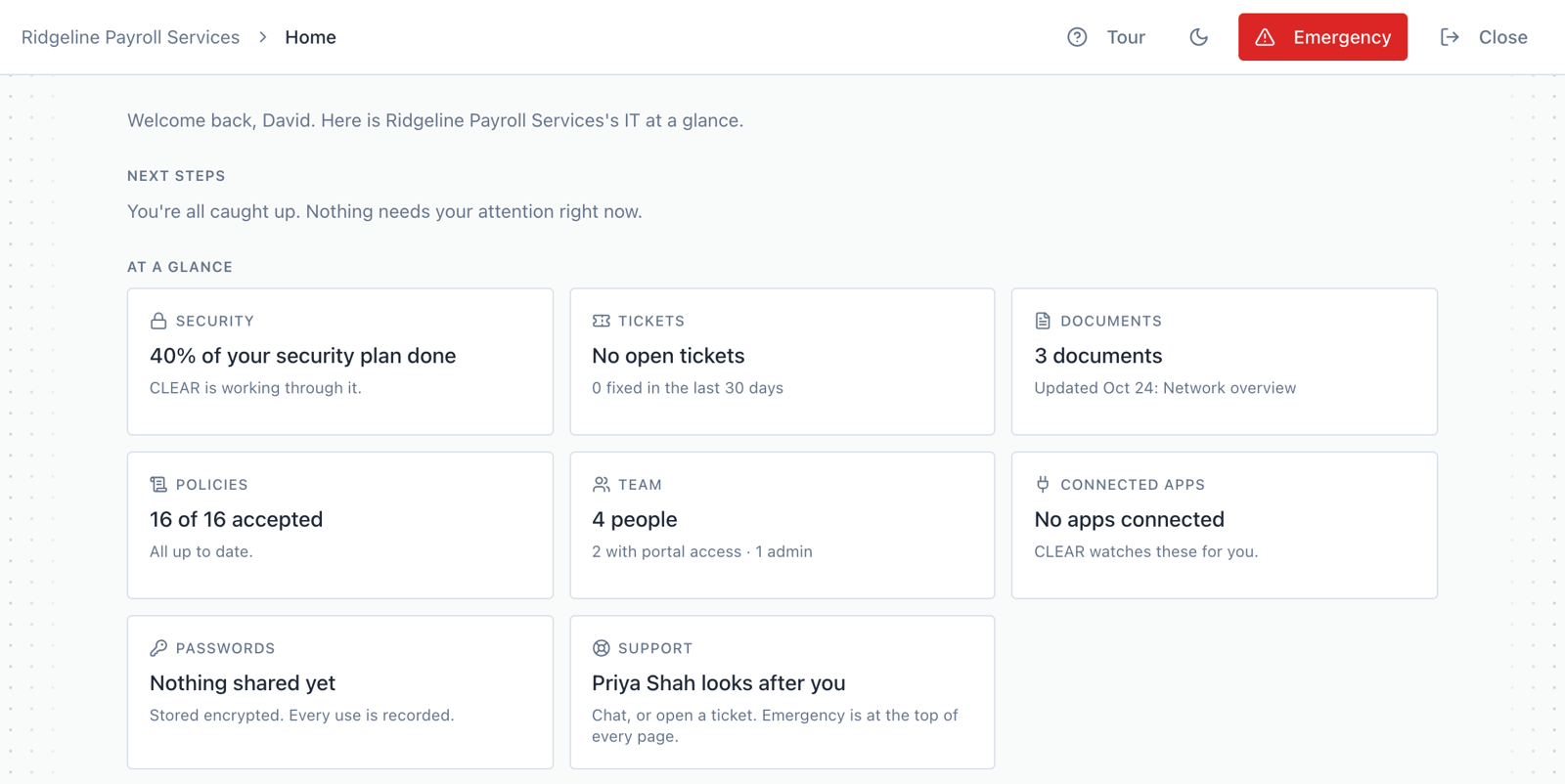 A client's portal: security plan progress, tickets, documents and policies